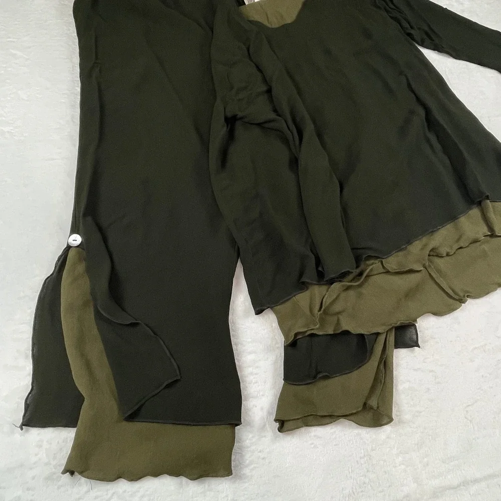 Dinah Lee Womens 1X Rayon Georgette 2 Piece Pant Set Olive Green Black Lagenlook